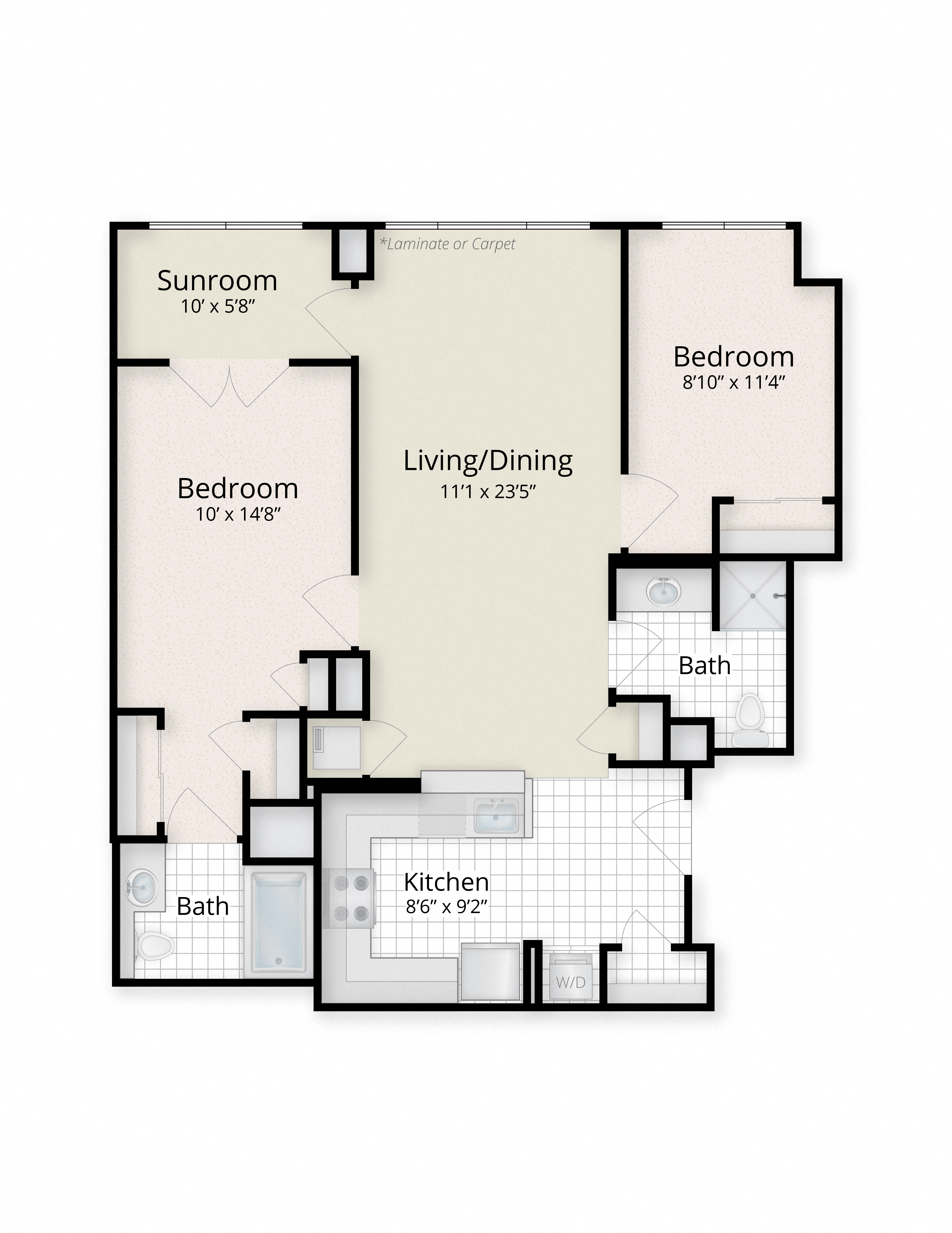 Floor plan for 2 beds, 2 baths, 956 sqft